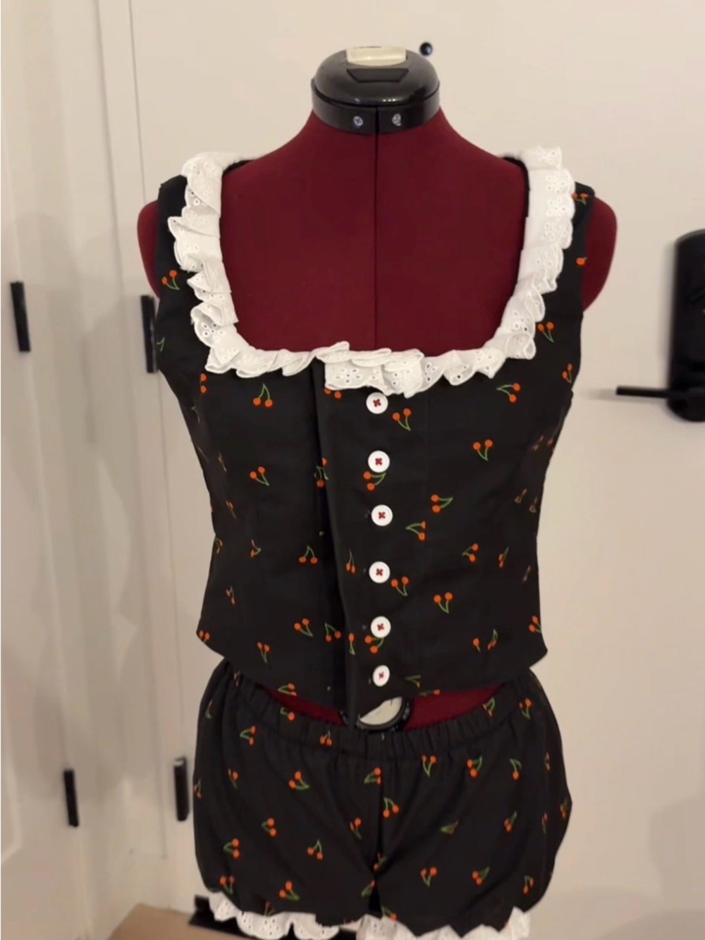 Black Cherry Print Ruffle Trim Button up Top & Matching Shorts (As seen on TT)